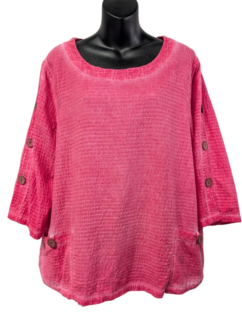 Focus Casual Life Pink Textured Cotton Tunic Top Size L 3/4 Sleeve Pockets